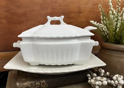Antique English White Ironstone SQUARE RIDGED Sauce Tureen, Underplate, Ladle - Image 1 of 4