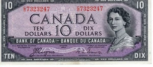 Bank of Canada 1954 $10 Ten Dollars Devil's Face Portrait Coyne-Towers C/D VF - Picture 1 of 2