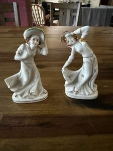 Vintage 4.75" Women Porcelain Figurines White Gold Occupied Japan dress hat - Picture 1 of 4