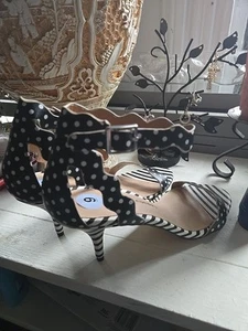 Blk & White Chinese Laundry Stripe Ankle Strap Polka Dots Stiletto Heels Sandals - Picture 1 of 6