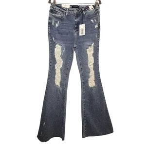 Jeans Judy Azul Cintura Alta Acampanado Calce Envejecido Talla 11 | 30 Elastizados NUEVO - Imagen 1 de 18