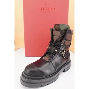 Valentino Rockstud Combat Ankle Boots Size 38 Camo Black Leather $1390 Lug - Picture 1 of 11