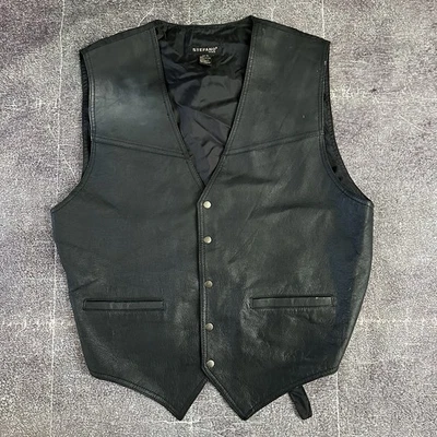 Chaqueta chaleco de moto con botones de cuero negro Stefano para hombre vintage talla XL Foto 1 de 3