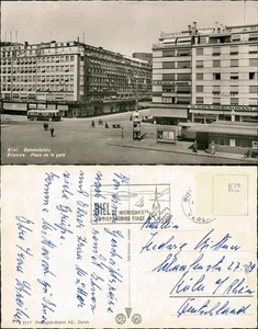 Biel Bienne Bahnhofplatz Place de la gare, Bus Geschäfte Restaurant 1955 - Imagen 1 de 3