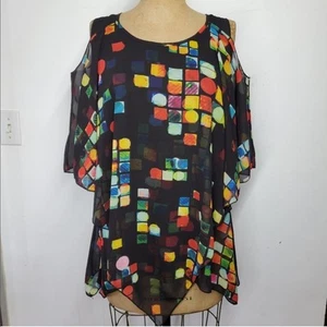 Fluer de Lis Gr. M Bluse Cold Shoulder ärmellos Chiffon schwarz Regenbogen drapiert - Bild 1 von 9