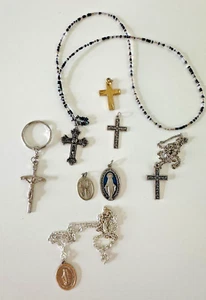 Religious Cross Necklace Charms Medals Catholic Beaded 8 Pc Set Lot - Picture 1 of 7
