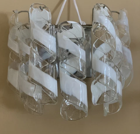 PAIR VINTAGE MURANO Spiral Ribbon Tube Wall Sconces Chrome Art Glass Cover