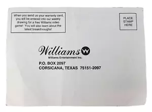 Vintage Williams Video Game Warranty Registration Card - Picture 1 of 2