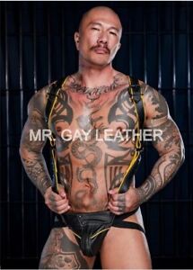 Men's Leather Hunter Body Harness Yellow piping Adjustable Jockstrap Gay Costume