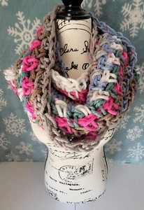 Handmade Chunky, Crochet Infinity scarf, Double Wrap Cowl, Multicolored Stripes - Picture 1 of 10