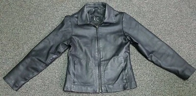 Chaqueta de cuero negra pequeña de motociclista KC Collections para mujer cremallera completa con bolsillos Foto 1 de 4