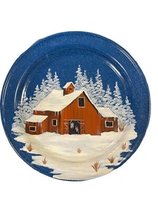 enamelware plate hand painted red barn winter Graniteware Rustic Cottagecore 10” - Picture 1 of 4