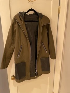 Mackage moss green rain coat size medium has leather detail  - Picture 1 of 7