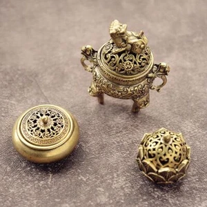 Home Decoration Hollow Lotus Mini Qilin Head Retro Brass Censer Incense Burner - Picture 1 of 17