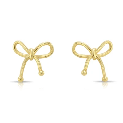 14K Real Solid Yellow Gold Dainty Ribbon Bow Sleeper Stud Earrings Screw-back - Image 1 of 4