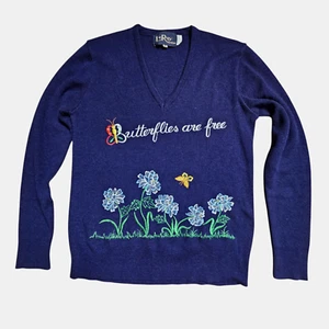 Vintage 70s 80s Leroy Butterflies are Free Embroidered Sweater M Cottagecore - Picture 1 of 8