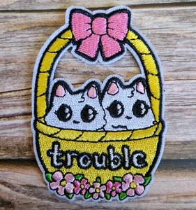 Double Trouble Kittens In A Basket Cats Kitty Embroidered Iron On Patch - Picture 1 of 2
