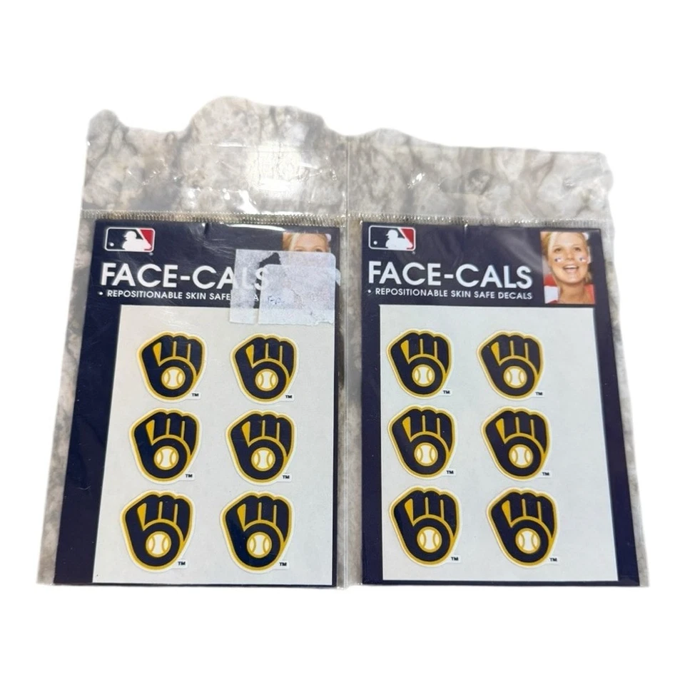 Tatuajes faciales Wincraft MLB Milwaukee Brewers x2 conjuntos logotipo retro nuevo con etiquetas azul y dorado Foto 1 de 4