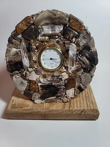 OOAK Tischuhr Handarbeit Holz Tigerseye Edelstein Kristall Achat 5" Durchmesser - Bild 1 von 24