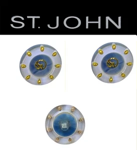 St John Knits 0.9 Inch Clear Acrylic Gold Accents Blue Logo Replacement Buttons - Picture 1 of 2