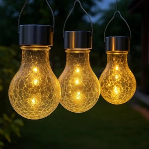 Solar Powered LED Crackled Bulb with WARM WHITE Outdoor garden hanging | - Picture 1 of 7
