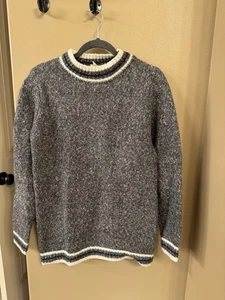 Hem & Thread Pullover mit Stehkragen grau marmoriert mit blauem Besatz gestreift Damen Gr. L - Bild 1 von 5