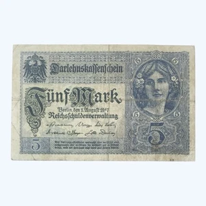 1917 GERMANY OLD 5 GERMAN MARKS BANKNOTE REICHSMARK DARLEHENSKASSENSCHEIN (EURO) - Picture 1 of 2