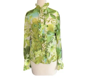 St. John Bluse Seide Blumen Größe 6 Grün Stretch Langarm Rüschen Knopfleiste - Bild 1 von 11