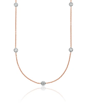 18K Solid Rose Gold White Lab Diamond Stations Chain Necklace - Image 1 of 4