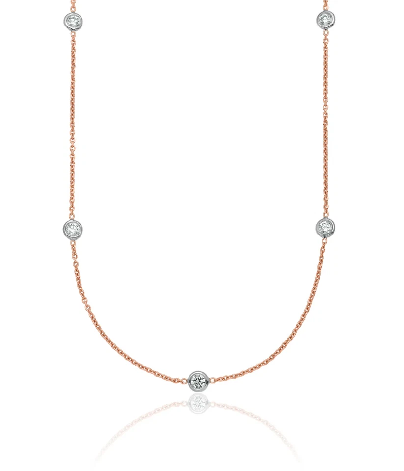18K Solid Rose Gold White Lab Diamond Stations Chain Necklace - Image 1 of 4