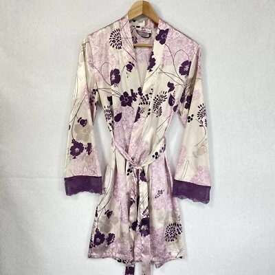 Maidenform Robe Women’s S/M Floral Purple Lace Satin Light Soft Kimono Style - Image 1 of 4