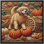 Dog Wall Art Canvas Print Golden Retriever Painting Decor Autumn Puppy Pumpkins