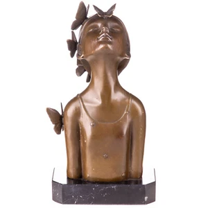 Scultura moderna in bronzo di busto di ragazza con farfalle dopo Collet - Foto 1 di 4