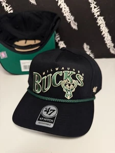 NWT '47 Brand Milwaukee Bucks Retro Wave Logo Rope Black Hitch Snapback Hat - Picture 1 of 2