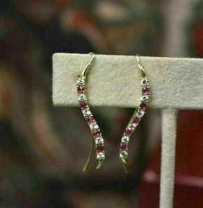 Women's Ear Cuff Climber Earrings Simulated Ruby Real 925 Yellow Sterling Silver - Picture 1 of 8