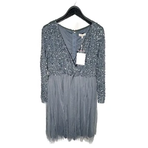 Maya Deluxe Damen Ladies Kleid Midi V-Ausschnitt Langarm verziert Gr. 24 - Bild 1 von 4