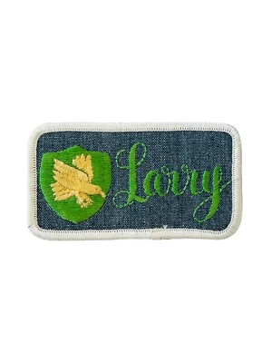 Vintage Embroidered Patch Larry Name Tag Green Bird Crest Denim Iron On Retro - Image 1 of 3