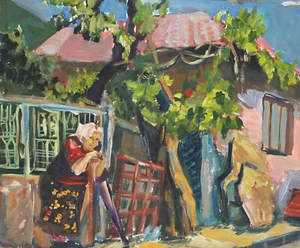Pintura gouache original vintage paisaje pueblo escena firmada - Imagen 1 de 12