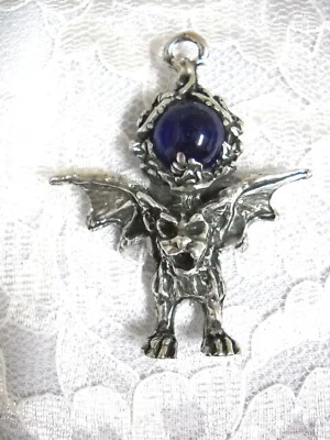 XL GARGOYLE DEEP BLUE ENCRUSTED ORB GLASS BALL USA HEAVY PEWTER PENDANT NECKLACE - Image 1 of 2