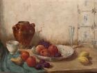 Antique Signed Oil Painting On Canvas Still Life FRUIT POTTERY DELFT BLUE TILE!
