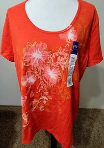 2X Top blusa donna JMS NUOVA CON ETICHETTE arancione stampato manica corta 100% cotone - Foto 1 di 3