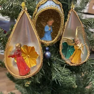 Christmas Ornaments Vintage Diorama Teardrop Angel w Glitter Egg 2 Jewel Brite? - Picture 1 of 16