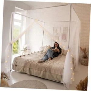 Canopy Bed Curtains with Lights, White Bed Canopy For Girls & Adults - White - Picture 1 of 7