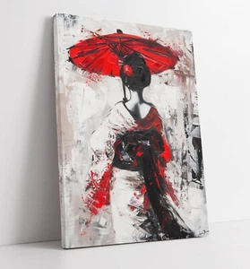 JAPANESE GEISHA WITH RED PARASOL, EXPRESSIVE -DEEP FRAMED CANVAS WALL ART PRINT - Picture 1 of 2