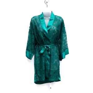 Vtg Victorias Secret Gold Label Short Kimono Robe Green Satin Lace One Size - Picture 1 of 8