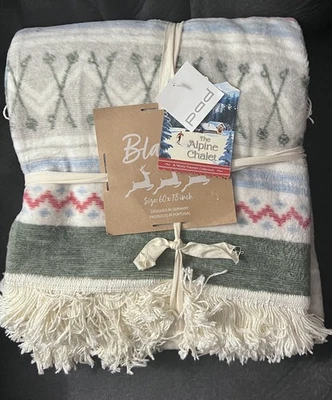 Pad Concept Ski  Chalet Blue/GreyBlanket 60" X 78" Reversible with fringe  - Image 1 of 4