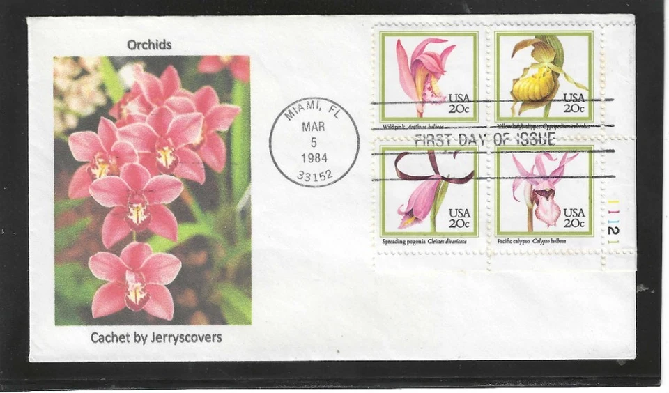 ORCHIDS SE-TENANT PLATE BLOCK FDC 1984 MIAMI, FLORIDA JERRY'S COVERS ONLY 1 MADE - Image 1 of 1