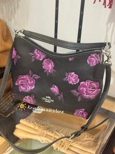 NWT Coach Laurel Shoulder Bag With Floral Print CCE26 Black/Purple - Picture 1 of 7