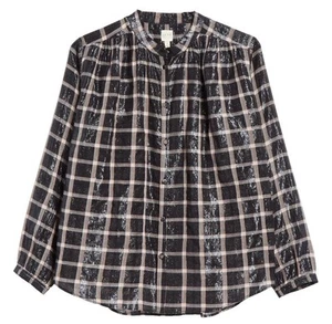 Rebecca Taylor La Vie L Black Metallic Plaid Long Sleeve Button Up Shirt Blouse - Picture 1 of 18