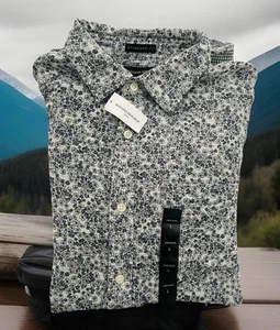 nwt-Banana Republic white/Black Floral Shirt Button flip cuff Up Mens sz-large - Picture 1 of 11